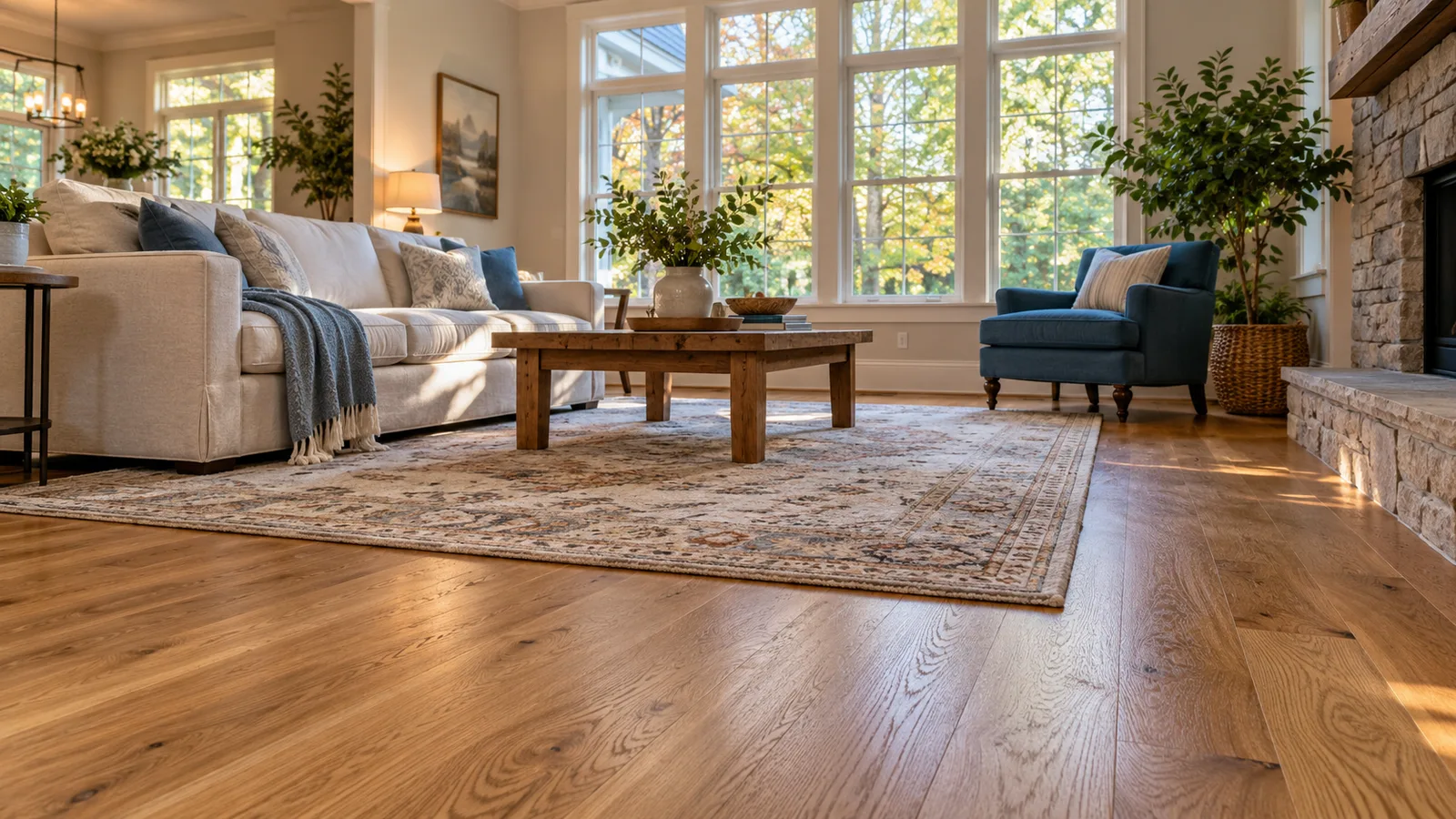 Warm oak flooring in a bright residential living room