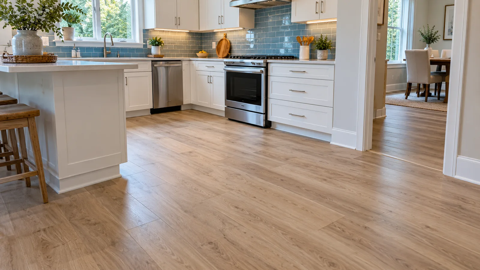 Wood look plank flooring meeting a neatly finished kitchen doorway